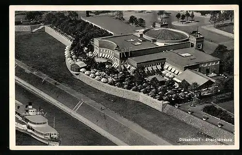 AK Düsseldorf, Rheinterrasse aus der Vogelschau mit Dampfer