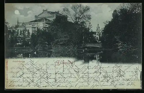 Mondschein-AK Düsseldorf, Landeskrone, Teich mit Brücke