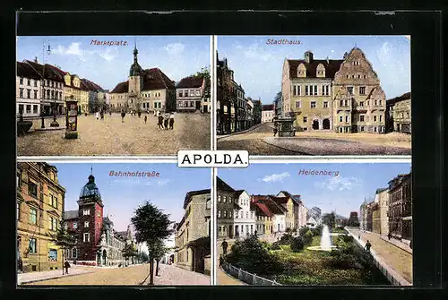 AK Apolda, Marktplatz mit Passanten, Heidenberg mit Springbrunnen
