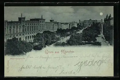 Mondschein-AK München, Teilansicht der Regierungsgebäude
