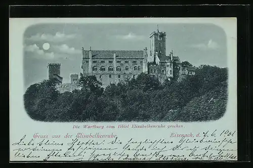 Mondschein-AK Eisenach, Die Wartburg vom Hotel Elisabethenruhe gesehen