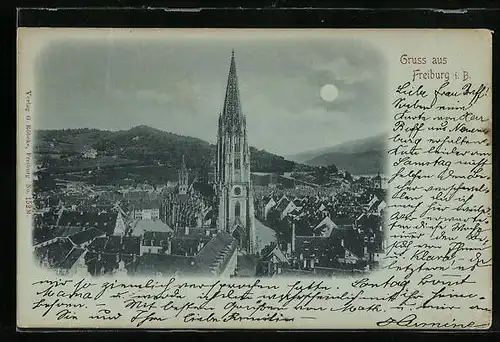 Mondschein-AK Freiburg i. B., Totalansicht mit Münster aus der Vogelschau