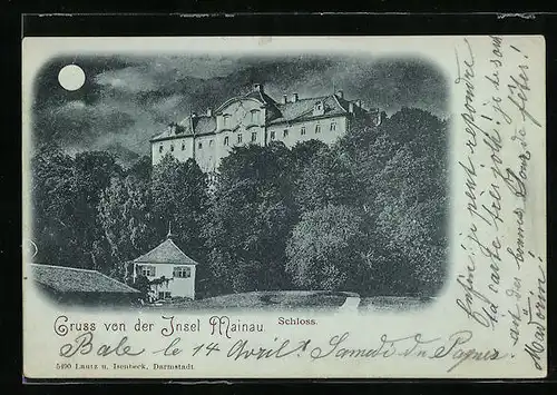 Mondschein-AK Insel Mainau, Schloss im Vollmond