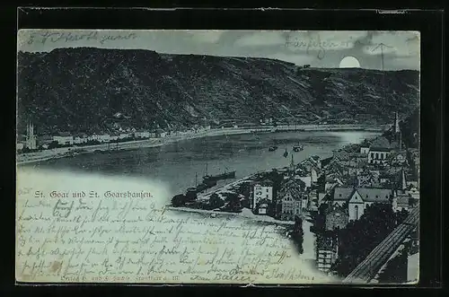 Mondschein-AK St. Goar bei St. Goarshausen, Ortsansicht aus der Vogelschau