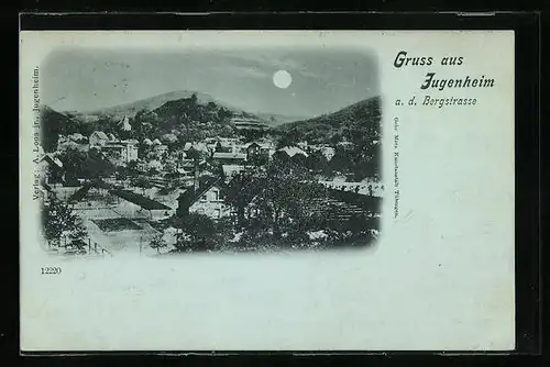 Mondschein-AK Jugenheim a. d. Bergstrasse, Totalansicht aus der Vogelschau