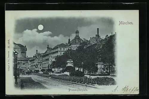 Mondschein-AK München, Strassenpartie am Promenadenplatz