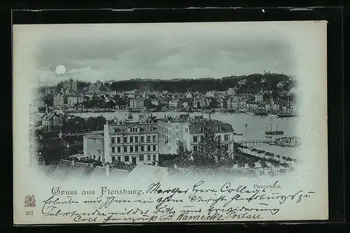 Mondschein-AK Flensburg, Panorama aus der Vogelschau