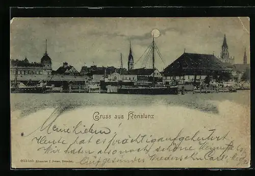 Mondschein-AK Konstanz, Ortsansicht vom Bodensee aus