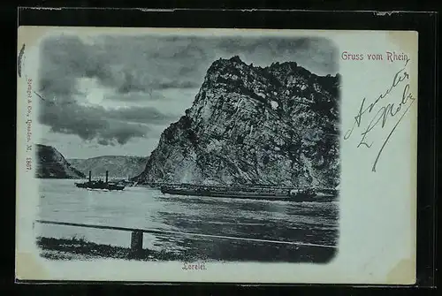 Mondschein-AK St. Goarshausen, Rheindampfer vor der Loreley