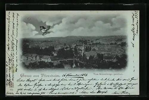 Mondschein-AK Pforzheim, Totalansicht vom Römerwege gesehen