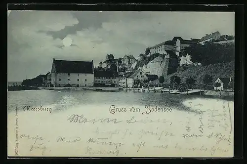 Mondschein-AK Meersburg, Ortspartie vom Ufer des Bodensees gesehen