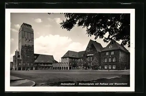 AK Delmenhorst, Strassenpartie am Bismarckplatz mit Rathaus und Wasserturm