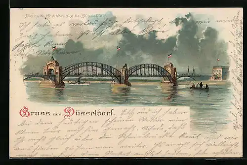 Lithographie Düsseldorf, Ansicht der neuen Rheinbrücke
