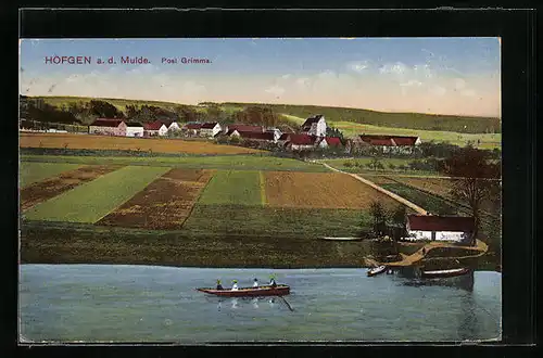 AK Höfgen a. d. Mulde, Ortsansicht mit Ruderern auf der Mulde