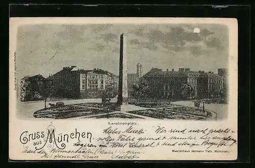 Mondschein-AK München, Karolinenplatz mit Säule