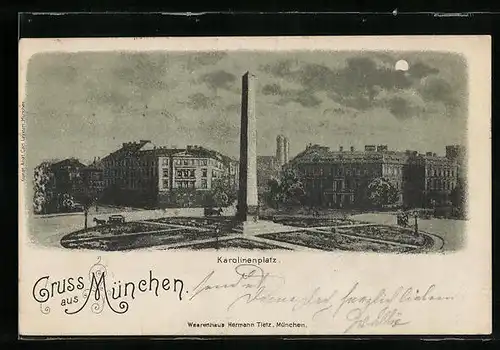 Mondschein-AK München, Karolinenplatz mit Säule