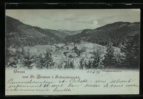 Mondschein-AK St. Blasien i. Schwarzwald, Gesamtansicht aus der Vogelschau