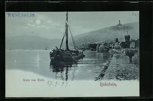 Mondschein-AK Rüdesheim, Gruss aus der Stadt am Rhein