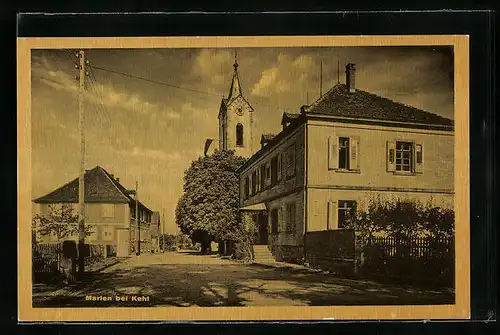 AK Marlen bei Kehl, Ortspartie mit Kirche