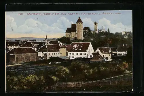 AK Kaufbeuren, Partie an der Stadtmauer mit Blasiuskirche und Fünfknopf Turm