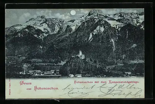 Mondschein-AK Hohenaschau, Teilansicht mit dem Kampenwandgebirge