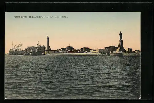 AK Port Said, Hafeneinfahrt mit Lesseps-Statue
