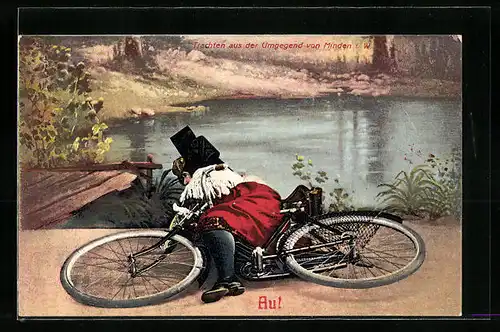 AK Tracht Schaumburg-Lippe, Dame in Tracht mit Fahrrad Au