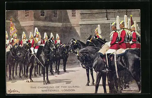 Künstler-AK London, The Changing of the Guard, Whitehall, Britische Soldaten in Uniform zu Pferde