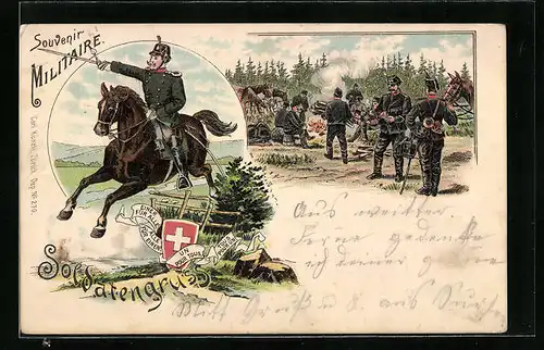 Lithographie Schweizer Soldatengruss, Soldat in Uniform auf dem Oferd