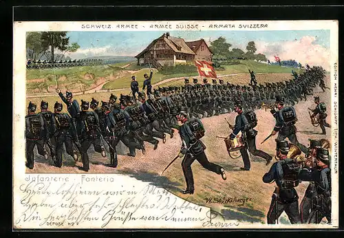 Lithographie Soldaten stürmen auf zum Kampf, schweizer Armee