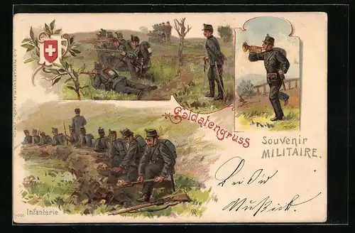 Lithographie Soldatengruss, Schweizer Soldaten mit Tompete und Gewehren