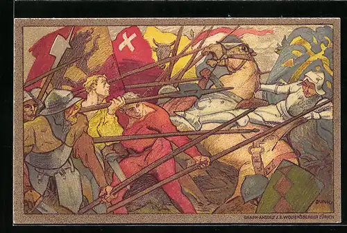 Künstler-AK Schweizer Bundesfeier 1911, Schlachtenszene, Ganzsache