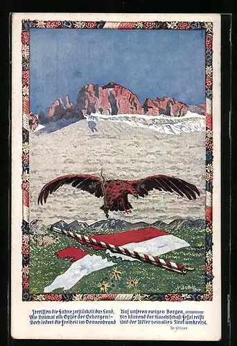 AK Adler mit zerrissener Fahne Tirols vor Bergpanorama