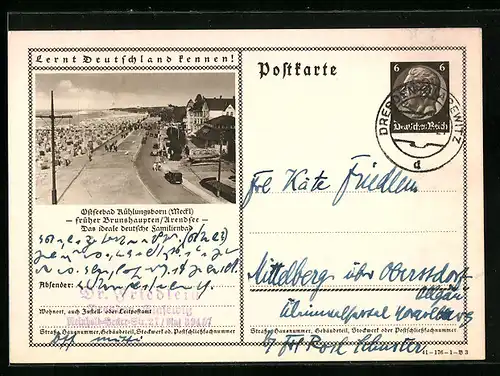 AK Bad Kühlungsborn, Strandpromenade mit Badegästen, Ganzsache Lernt Deutschland kennen