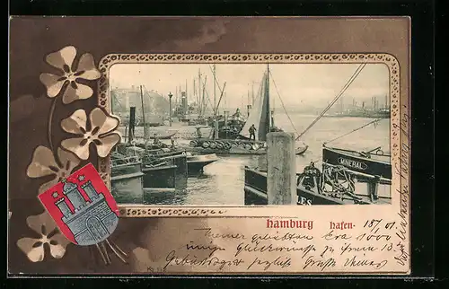 Passepartout-AK Hamburg, Hafenpartie, Kleeblätter, Wappen