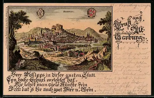 Künstler-AK Marburg, Historische Ortsansicht mit Wappen