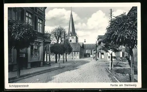 AK Schöppenstedt, Partie am Steinweg mit Blick auf Kirche