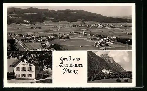 AK Mauthausen-Piding, Gesamtansicht mit Umgebung, Lebensmittelhaus Danner, Schloss Staufeneck