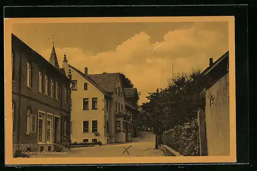 AK Hagen bei Osnabrück, Strassenpartie mit Kirchturmspitze