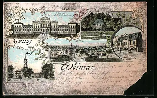 Lithographie Weimar, Bahnhof, Schloss, Schillerhaus