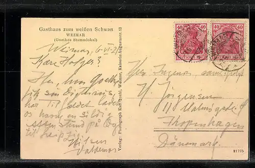 AK Weimar, Goethes Stammlokal Gasthaus zum weissen Schwan, Innenansicht, Goethe-Zitat