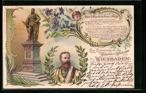 Lithographie Wiesbaden, Erinnerung an die Denkmals-Enthüllung, Erlass Sr. Majestät des Kaisers und Königs Friedrich III