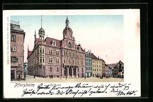 Goldfenster-AK Pforzheim, Rathaus mit leuchtenden Fenstern