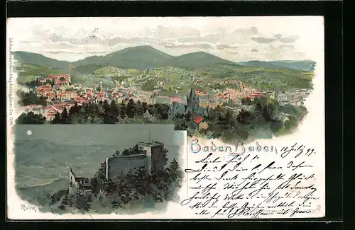 Lithographie Baden-Baden, Teilansicht, Ruine bei Mondschein