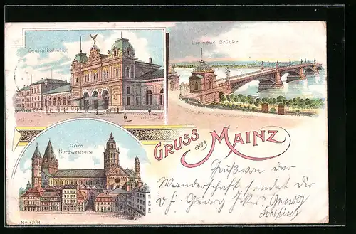 Lithographie Mainz, Zentralbahnhof, Dom Nordwestseite, Die neue Brücke