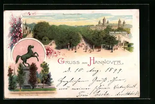Lithographie Hannover, Herrenhauser Allee mit Schloss, Das Sachsenross