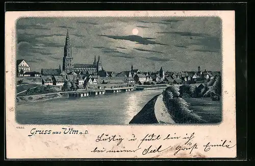 Lithographie Ulm a. D., Uferpartie mit Kirche bei Mondschein