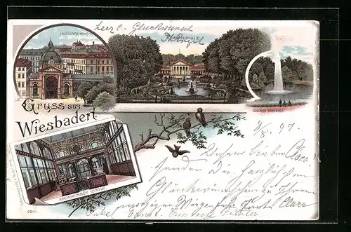 Lithographie Wiesbaden, Kursaalplatz, Kochbrunnen, Quelle
