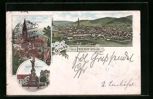Lithographie Freiburg i. Br., Teilansicht, Münster, Sieges-Denkmal