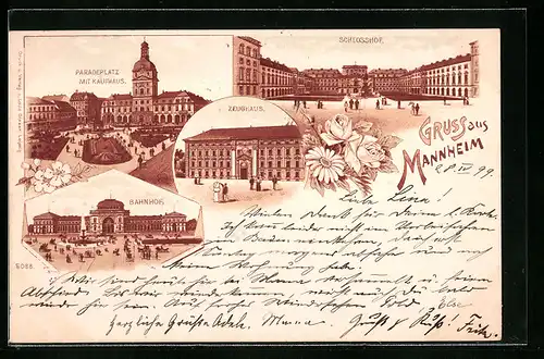 Lithographie Mannheim, Paradeplatz mit Kaufhaus, Zeughaus, Bahnhof